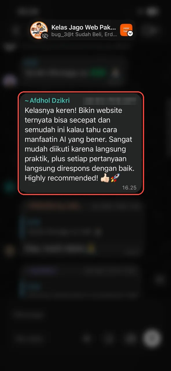 Testimoni WhatsApp Afdhol Dzikri: bikin website ternyata bisa cepat dan mudah, highly recommended