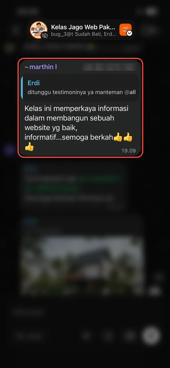 Testimoni WhatsApp Marthin: kelas memperkaya informasi membangun website yang baik dan informatif