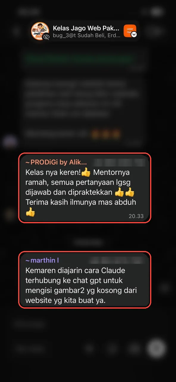 Testimoni WhatsApp PRODiGi: kelasnya keren, mentornya ramah, pertanyaan langsung dijawab dan dipraktikkan